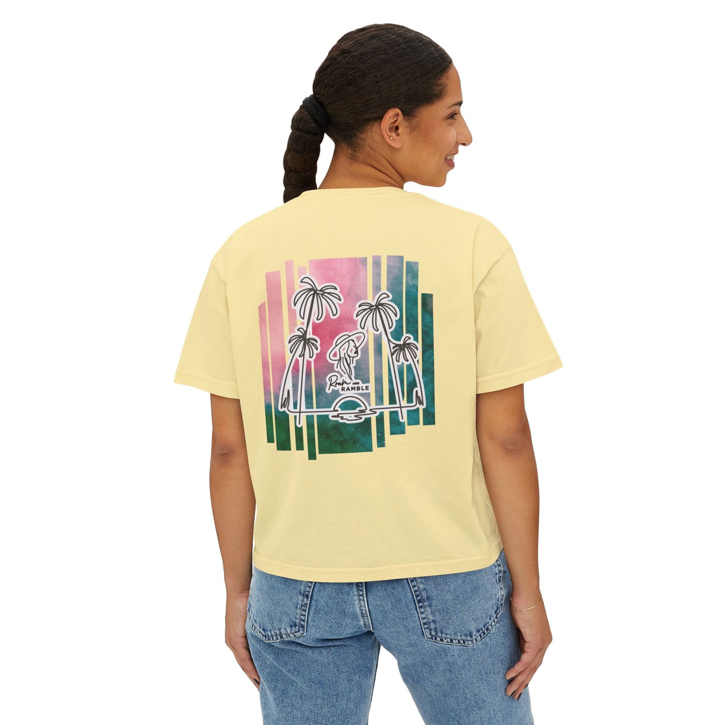 Women's Boxy Tee with Palm Tree Design, Summer Vibes, Casual Wear, Beach Trip, Gift for Her, Vacation Style