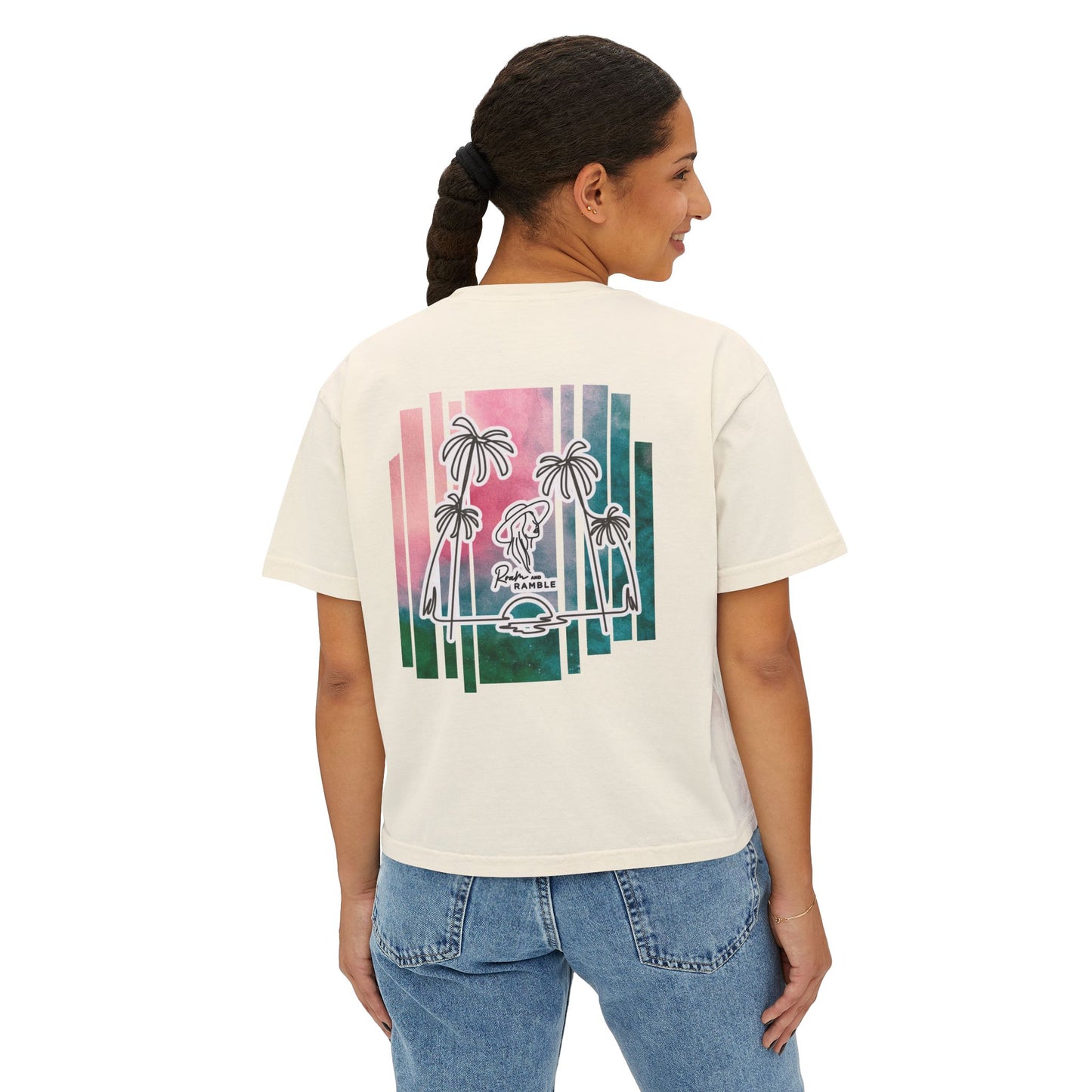 Women's Boxy Tee with Palm Tree Design, Summer Vibes, Casual Wear, Beach Trip, Gift for Her, Vacation Style